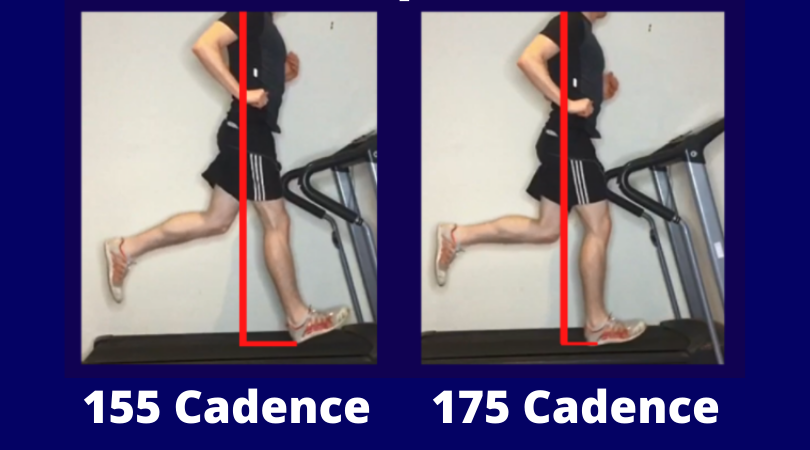 side by side runner running with a slow cadence and a higher cadence on a treadmill