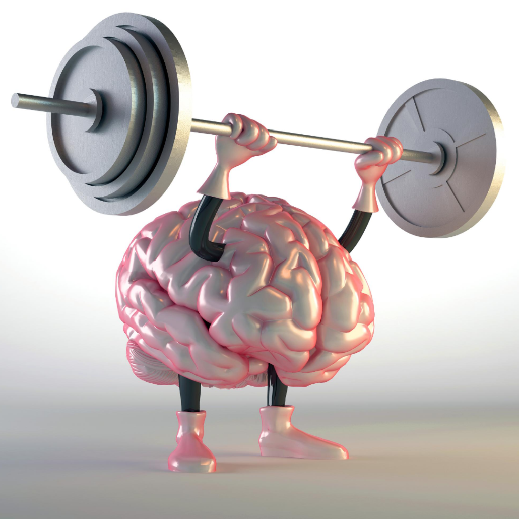 picture of a brain lifting weights to build your mental game 