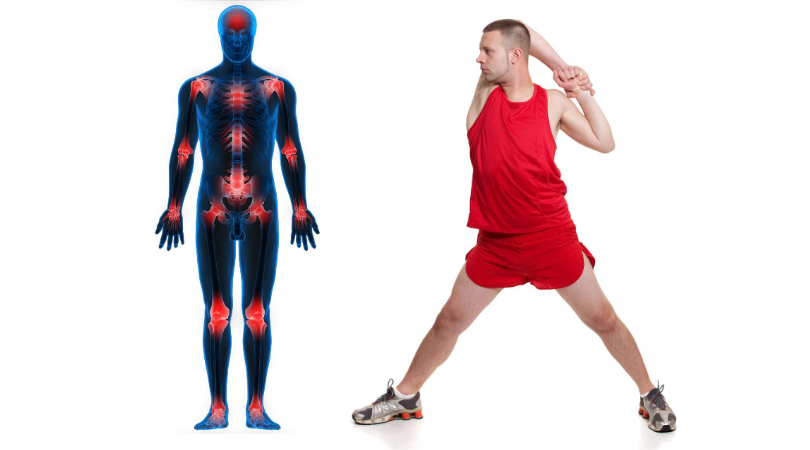 Runner stretching next to a body chart