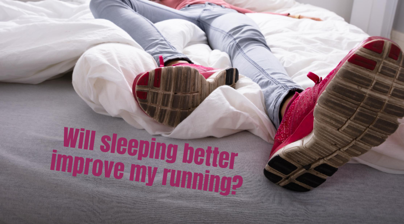 A runner sleeping on her bed wearing running shoes and blog title